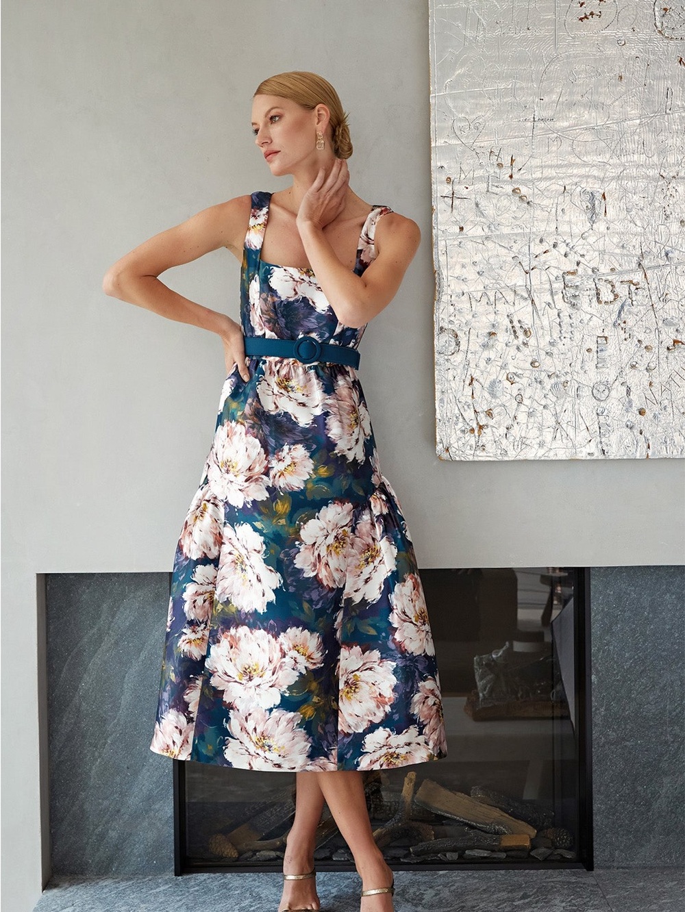 Kay Unger Size 12 Teal Blue Green Floral Tea Length Belted Cocktail Midi Dress